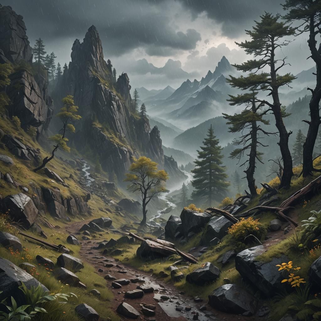 rainy, misty, dreary day on a mountain trail