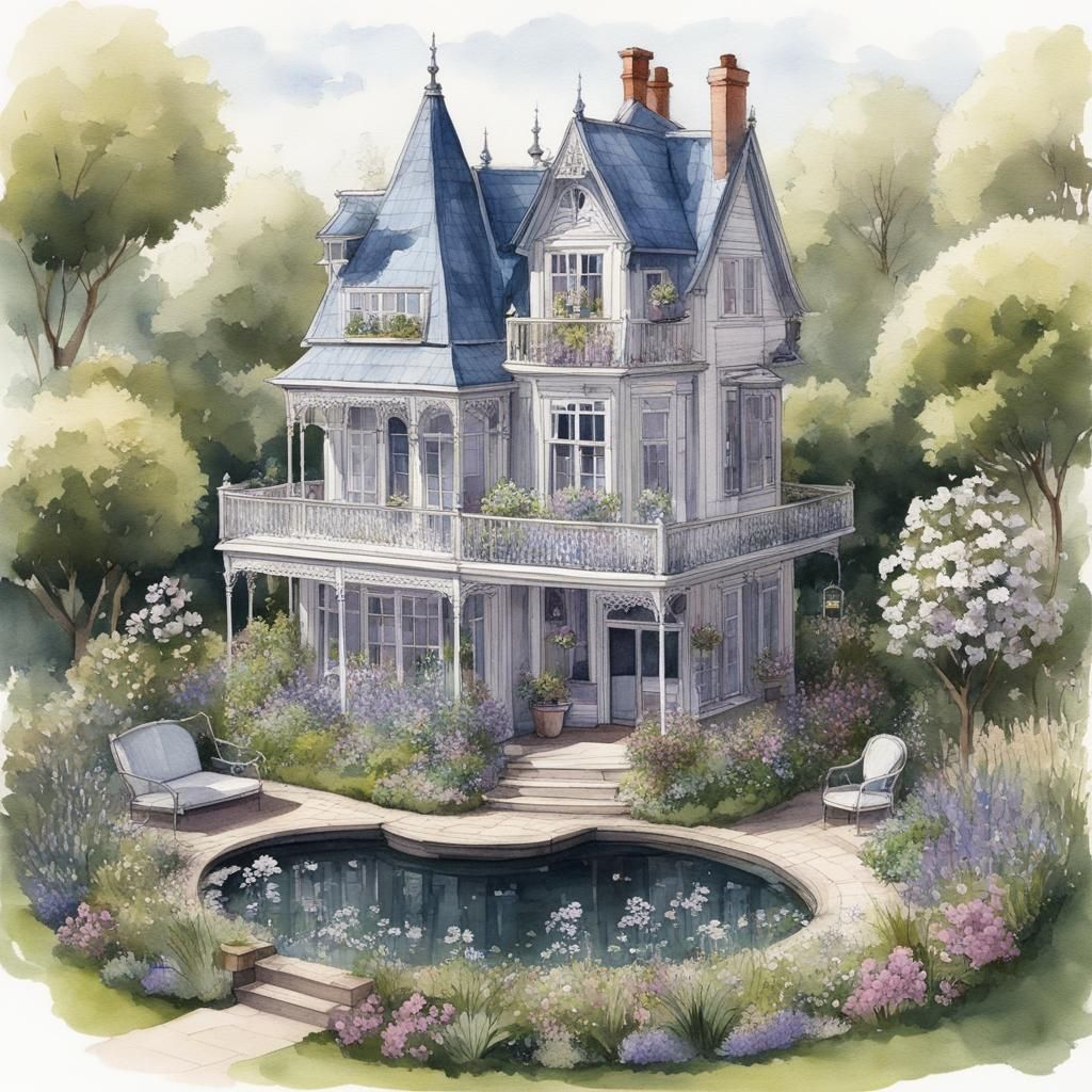 Isometric Victorian House with Blooming Garden in Watercolor