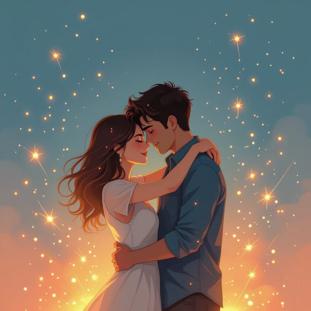 Couple Embracing Under Showers of Sparks in Whimsical Style