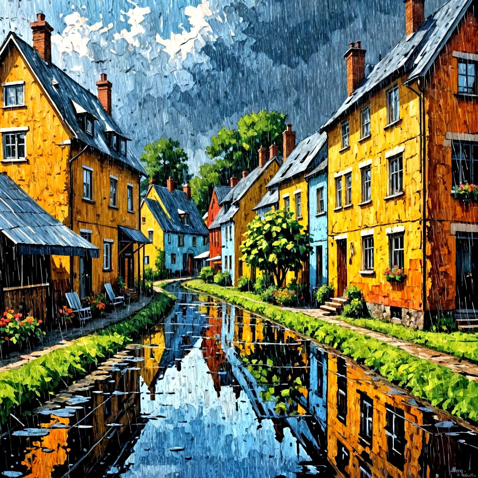 Village in Summer Rain: Digital Impasto