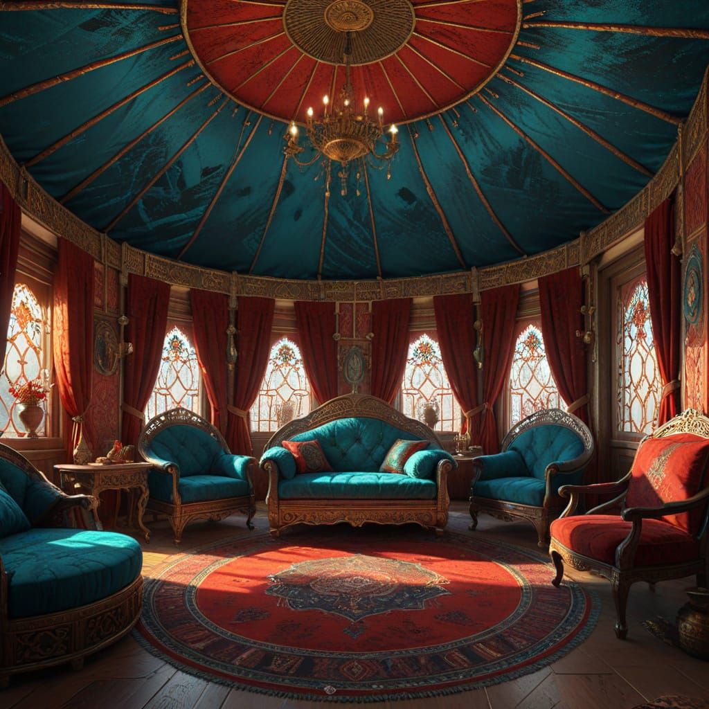 Majestic Mongolian Prince in Lavish Yurt Interior