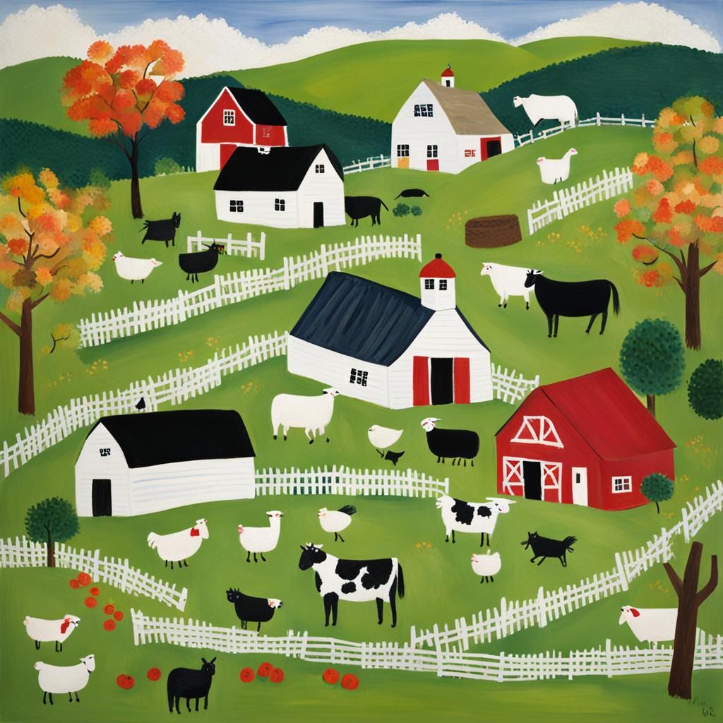 Idyllic Farmyard Scene in Naive Art Style
