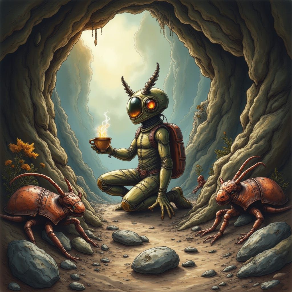 <lora:Void Fracture:1.0> Astronaut with a cup of tea surroun...