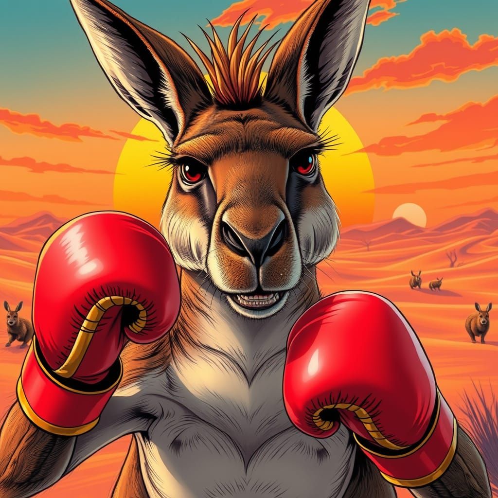 Fierce Boxing Kangaroo in Futuristic Desert Landscape