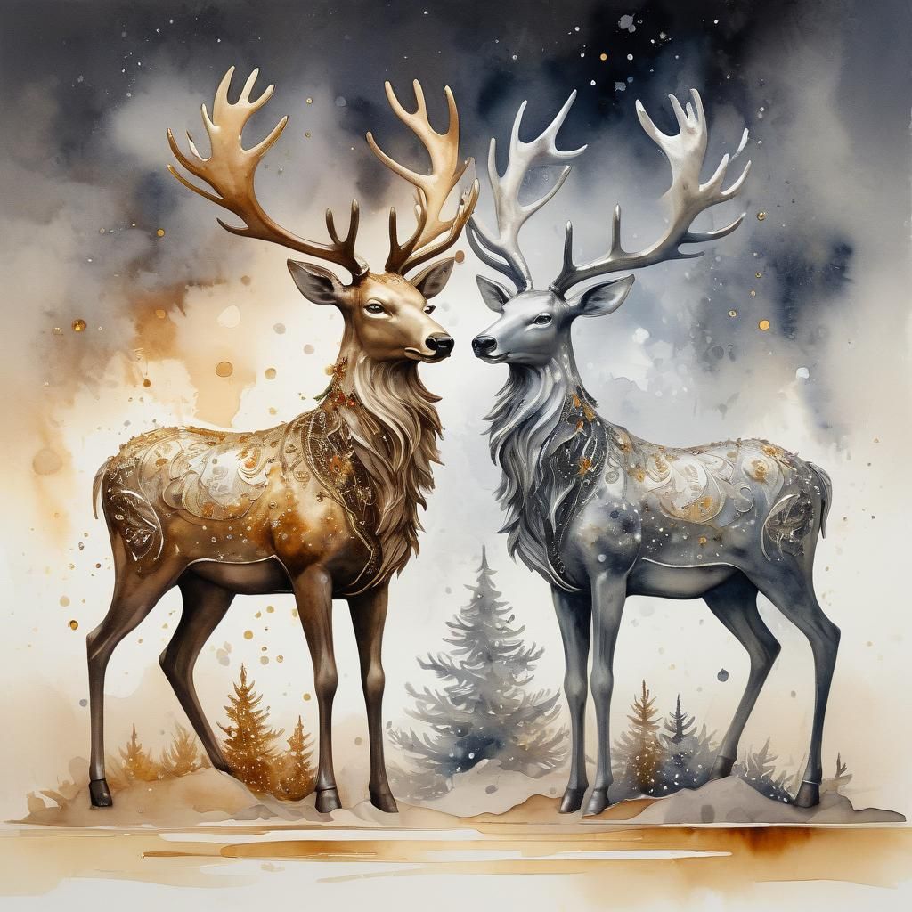 Abstract Watercolor Christmas Deer Fantasy