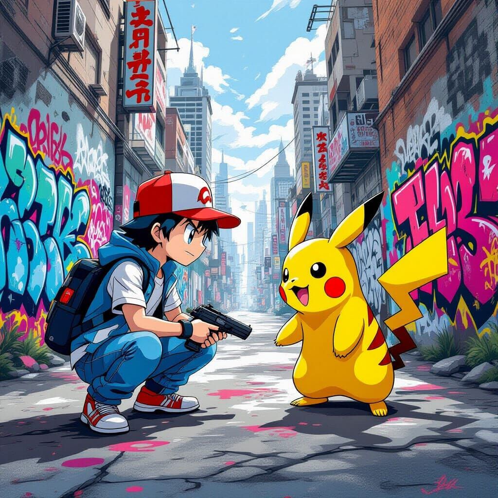 Ash and Pikachu Prepare for Battle: Street Art Style