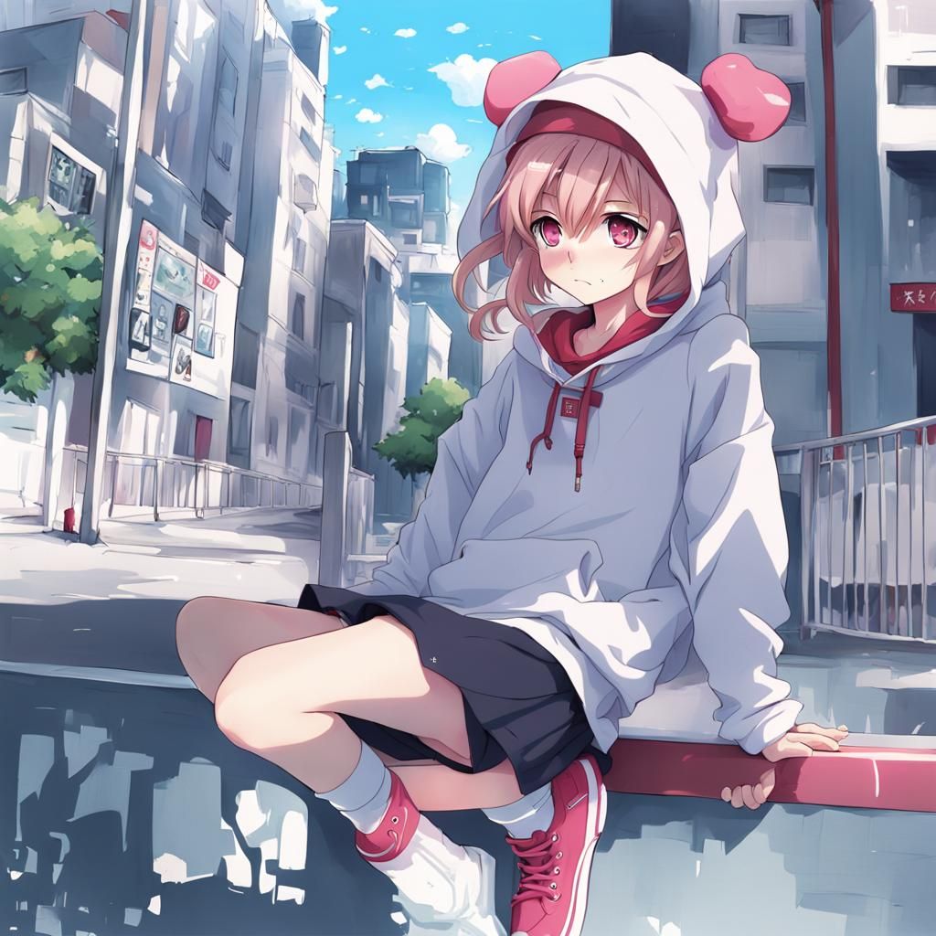 Anime Boy in Hoodie and Skirt, Manga Style