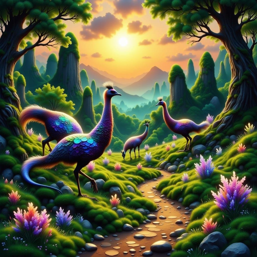 Whimsical, Iridescent Creatures Graze in a Lush, Mossy Meado...