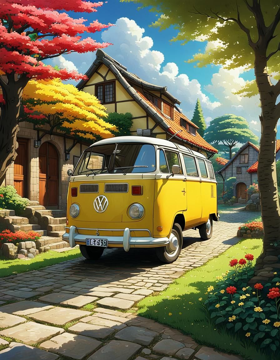 Serene Anime Rural Scene with Classic VW Van