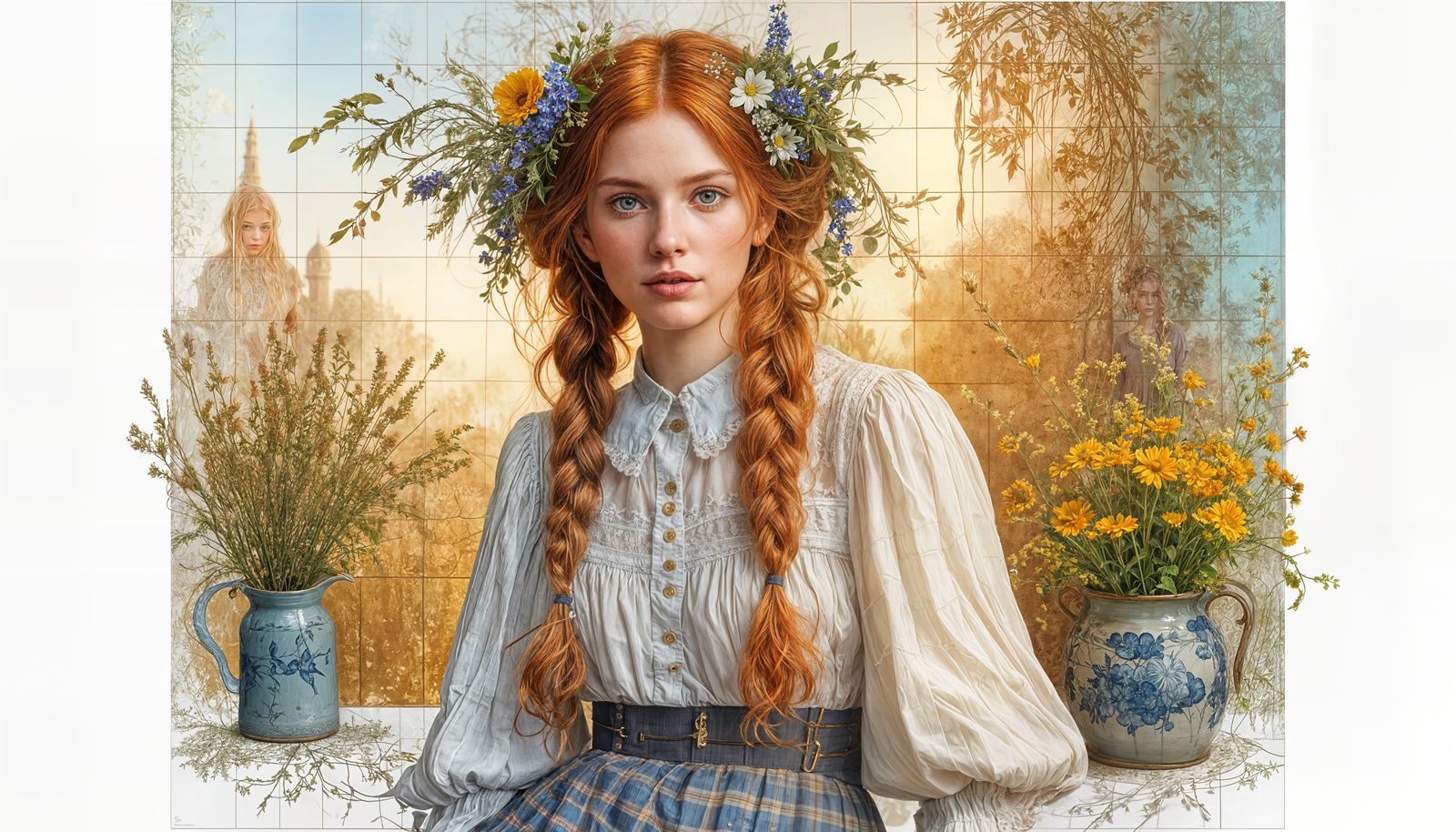 A 22-year-old woman with fiery ginger hair in milkmaid braid...