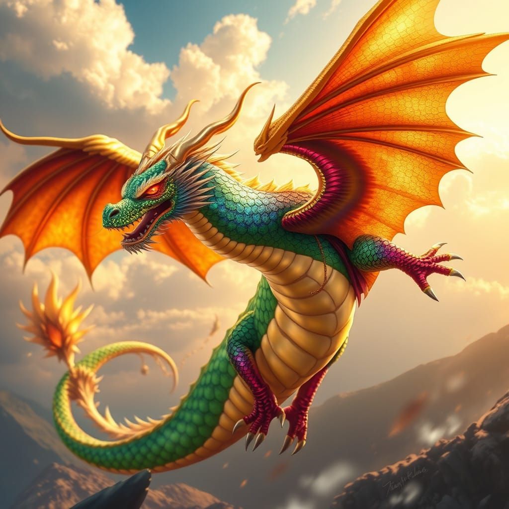 Ethereal Dragon Soars Through Golden Skies in Radiant Mosaic...