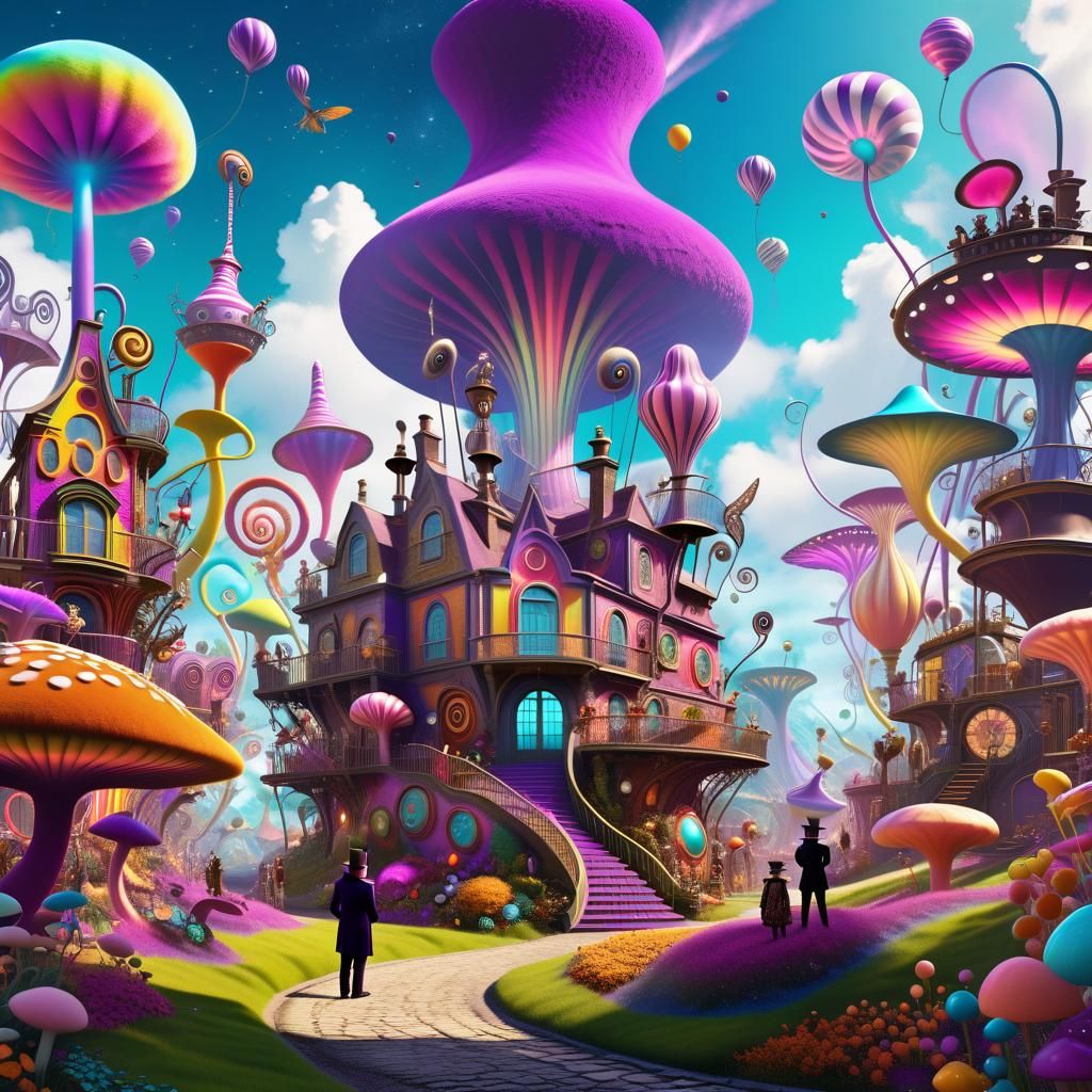 Dreamlike Willy Wonka Inspired Maximalist Scene