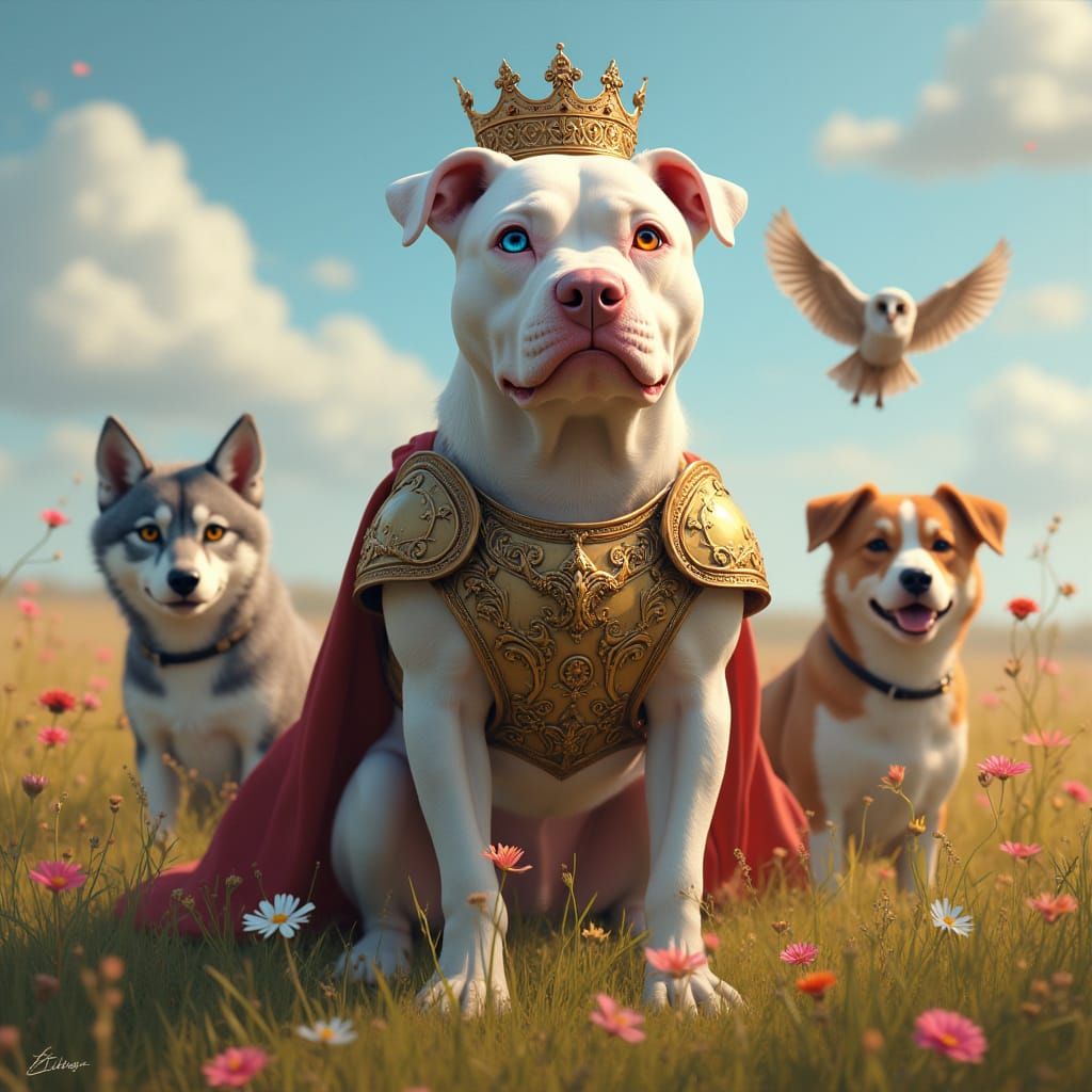 Dog Queen in Magical Field: Matte Painting Style