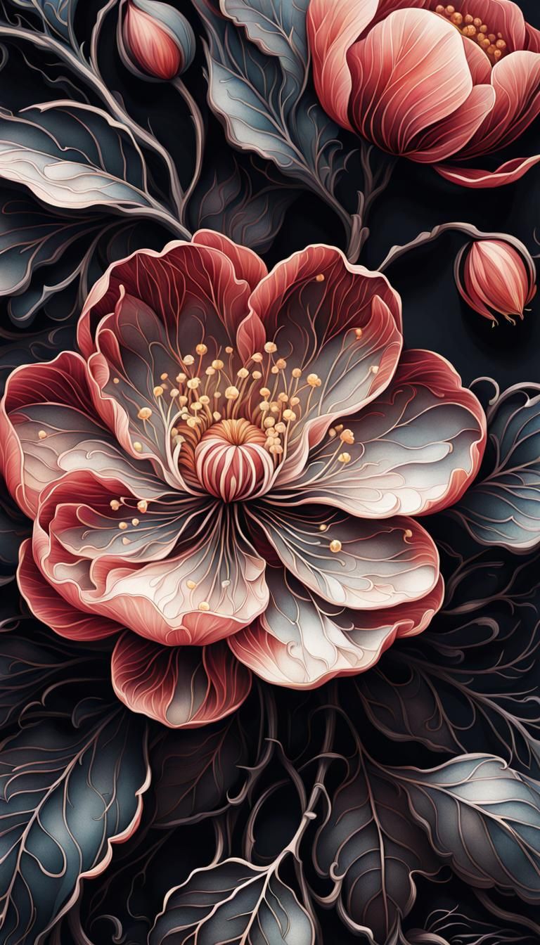 Detailed Blossom Portrait with Dark Outlines