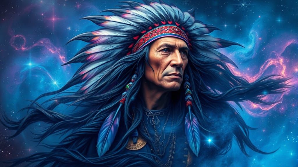 Majestic Native American Chief Blends into the Galaxy in Vib...