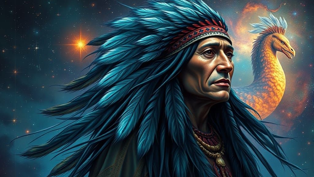 Native American Indian Chief Blends into the Galaxy in Vibra...