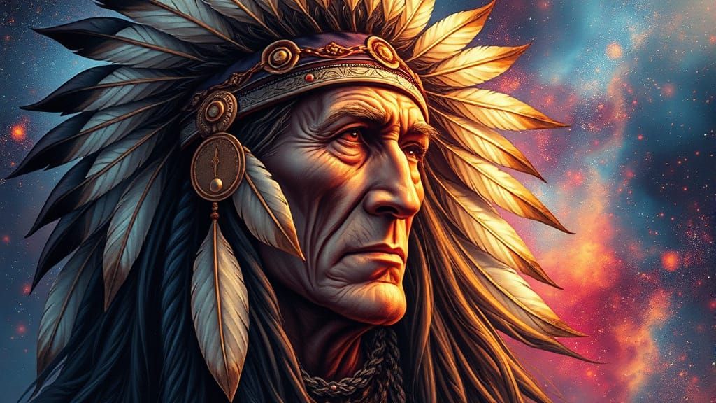 Native American Chief Blends into the Galaxy in a Cosmic Dan...