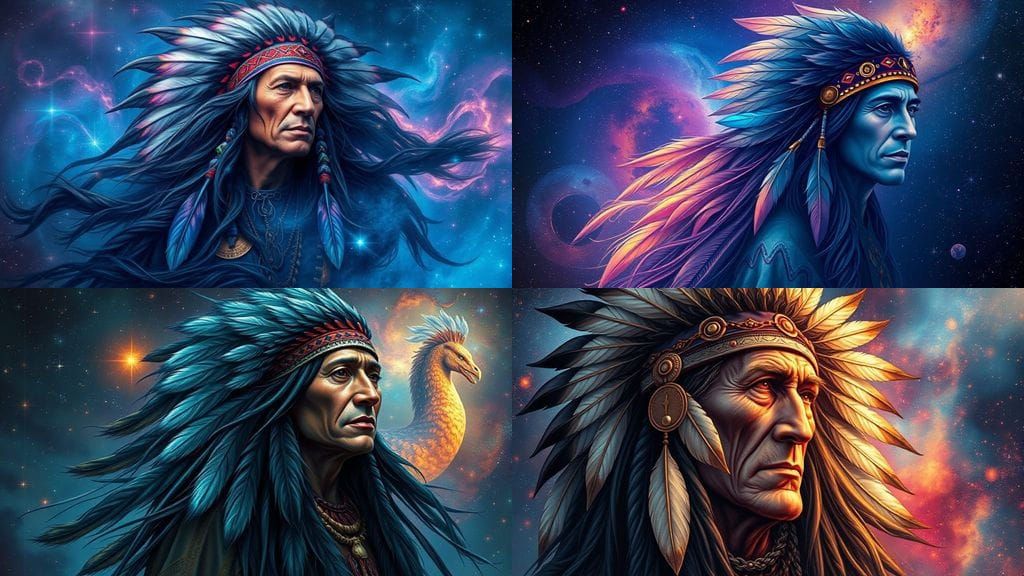 Native American Chief Blends into Vibrant Galaxy