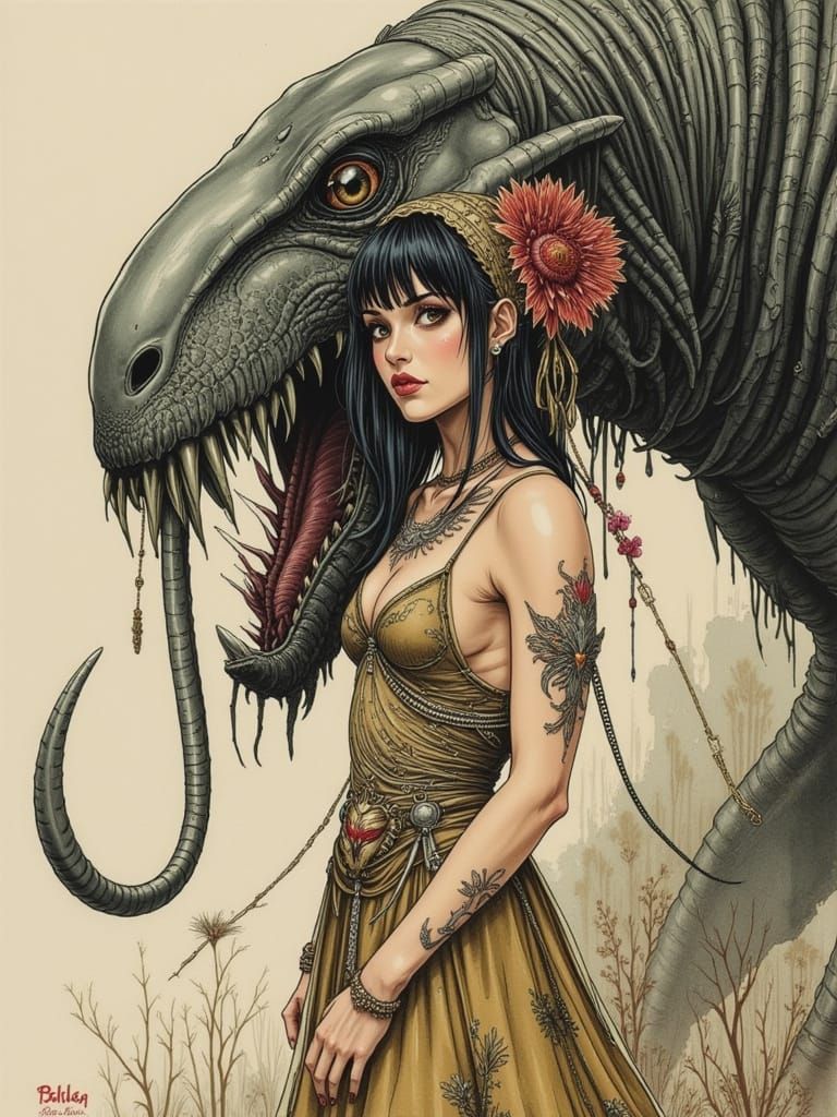 Woman in Pinup Style Before Smilodon Statue