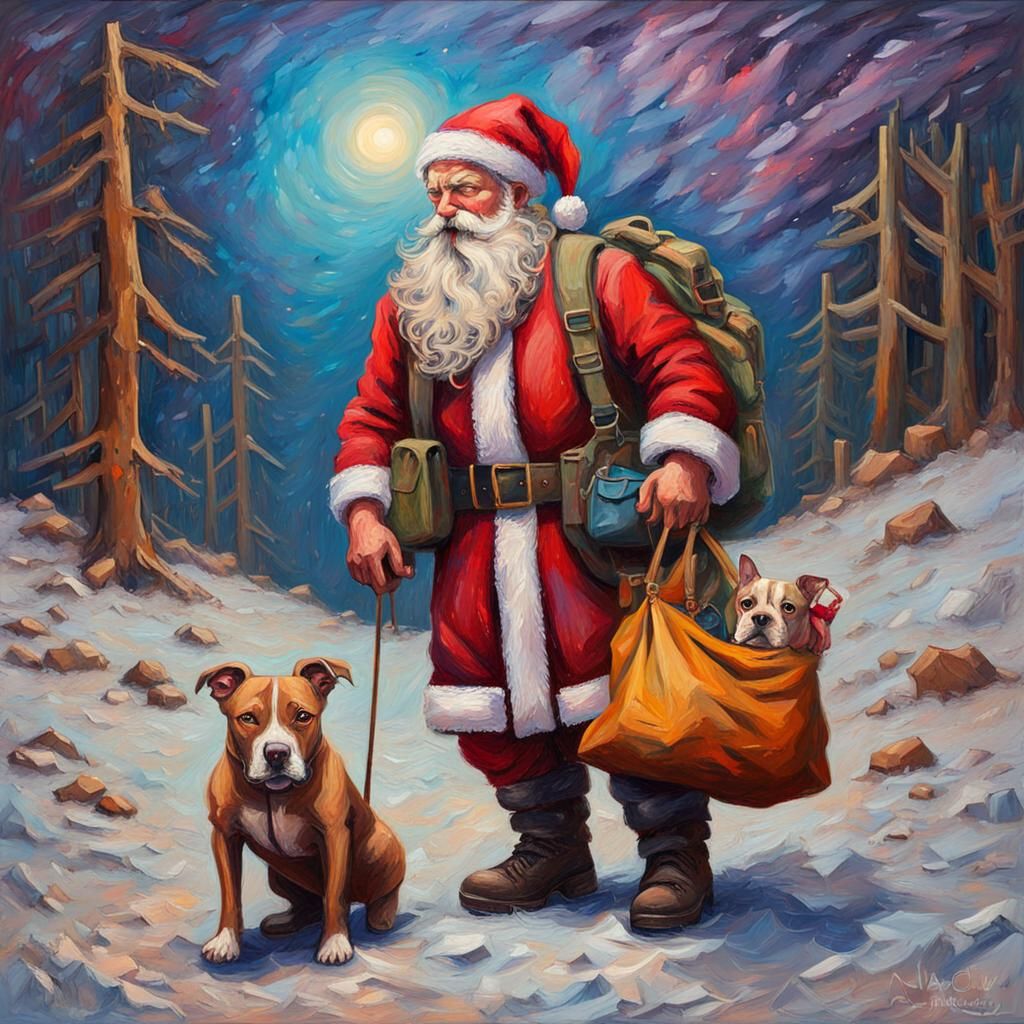Post-Apocalyptic Santa and Dog in Expressionist Style