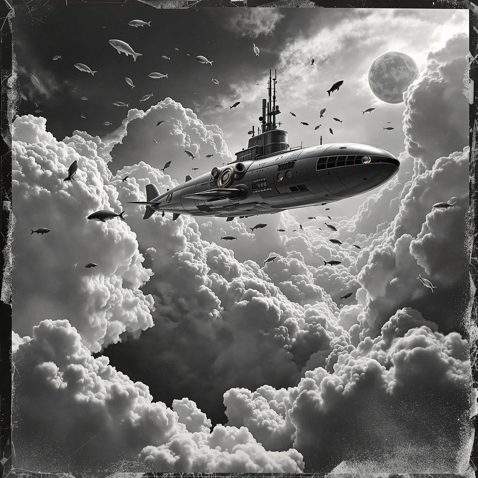 Vintage Submarine in Surreal Cloudscape with Sky Sea Life