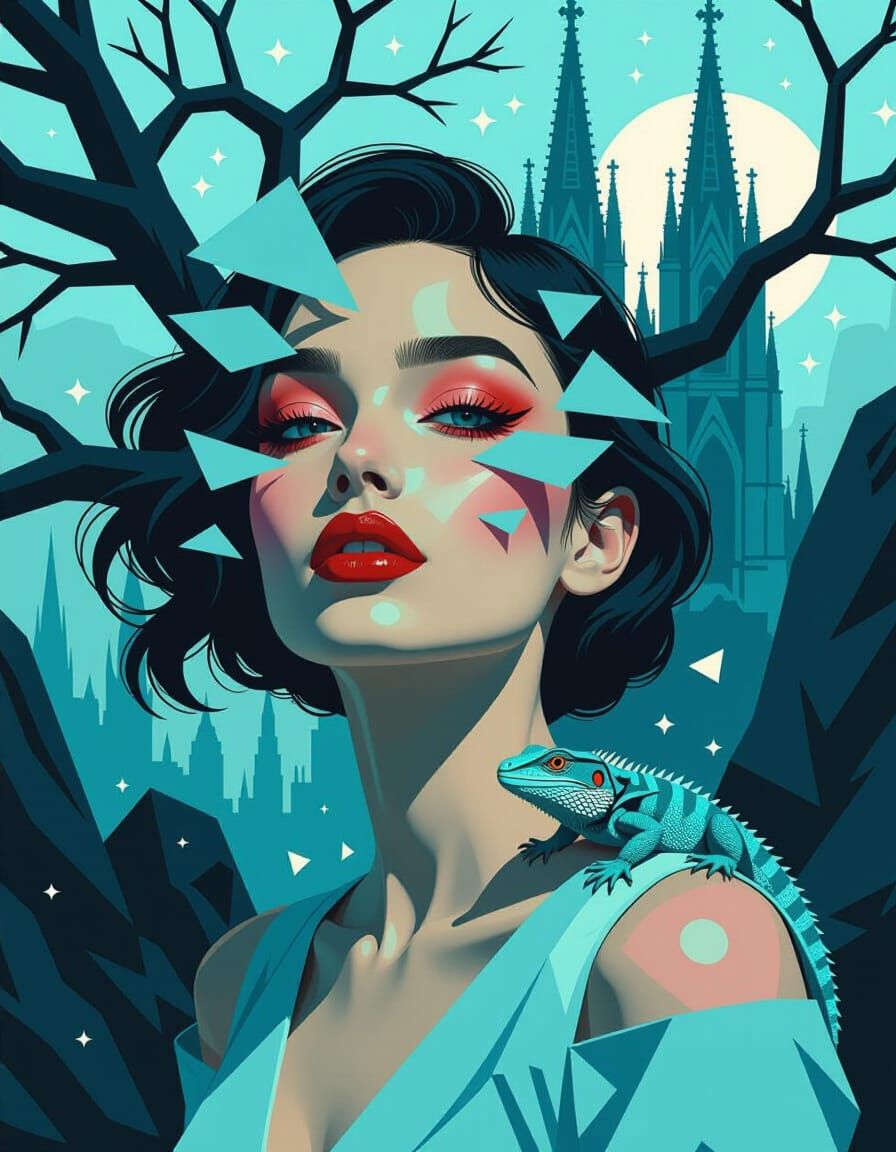 Geometric Woman in Surreal Landscape