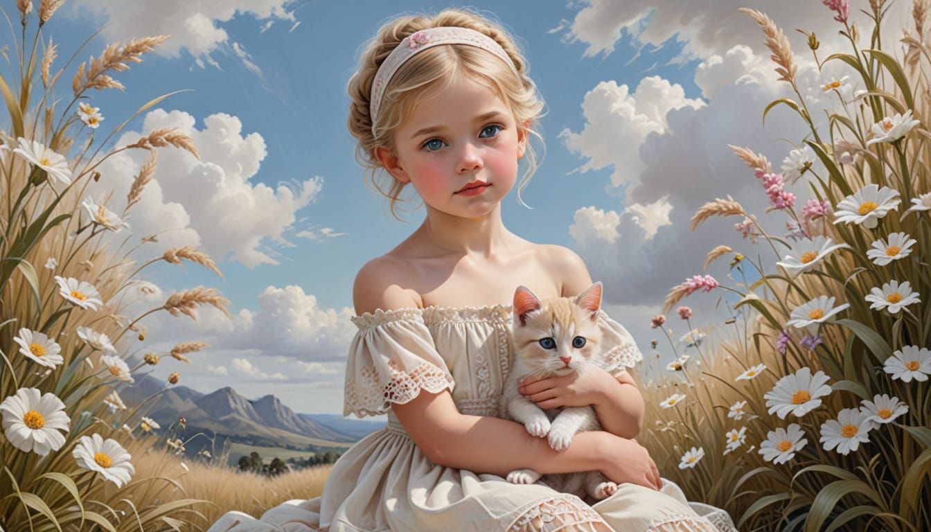 Child with Kitten in Art Nouveau Oil Painting