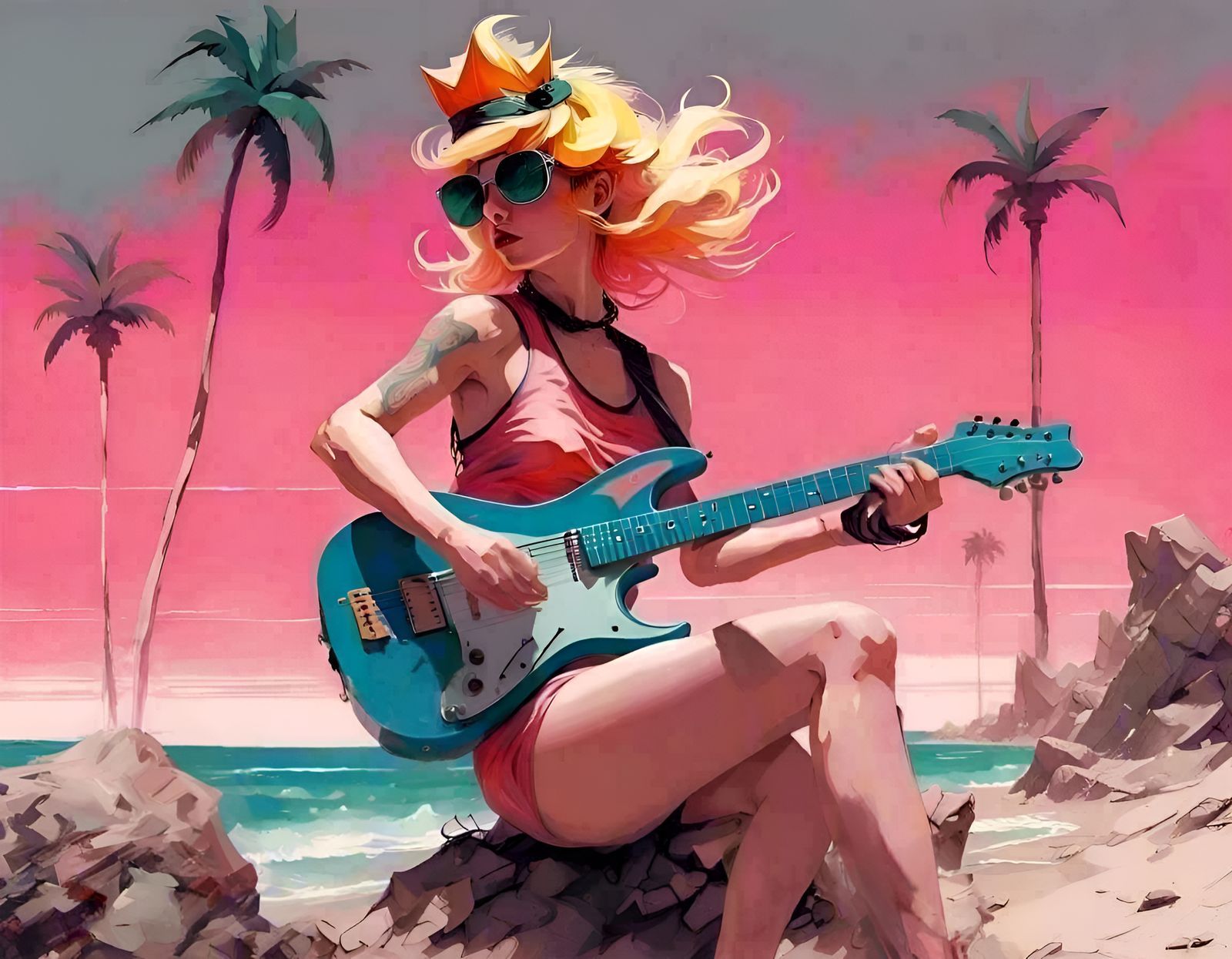 Punk Rock Princess Peach at the Beach in Vaporwave Style