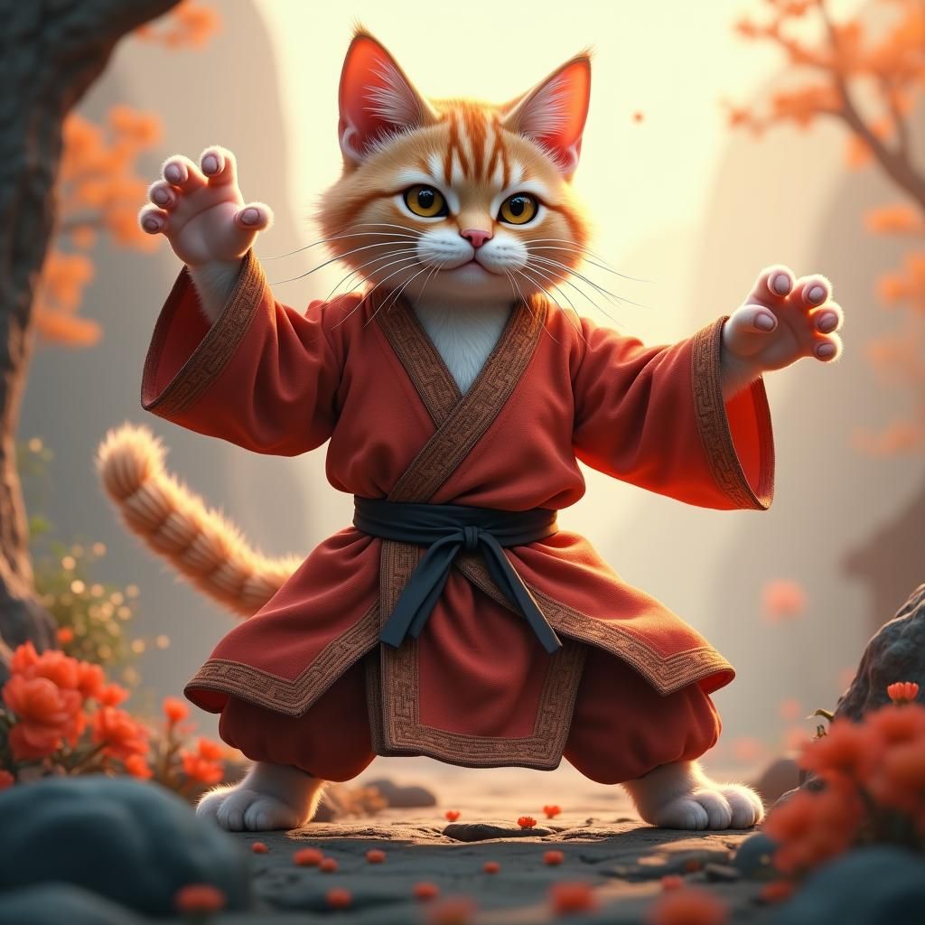 Tabby Cat Kung Fu Master in Dreamlike Landscape