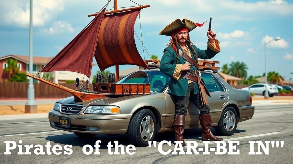Pirate Car Parody: Jack Sparrow Beside Modified Sedan Ship