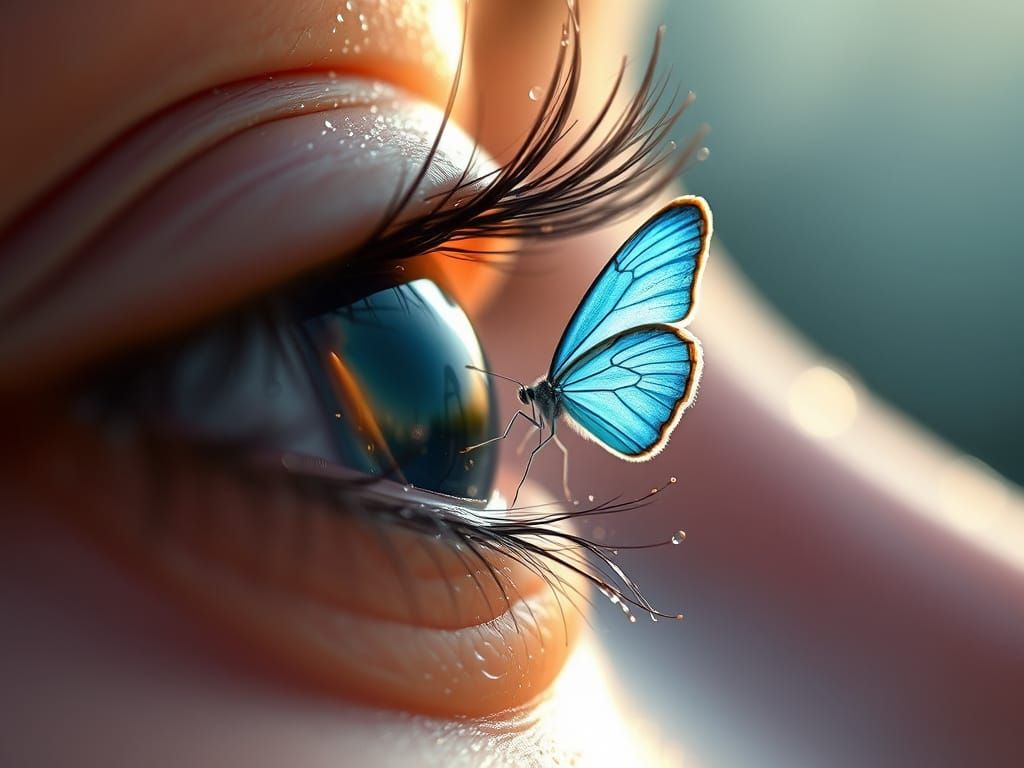 Tiny Blue Butterfly Perched on a Human Eyelash in Morning Li...