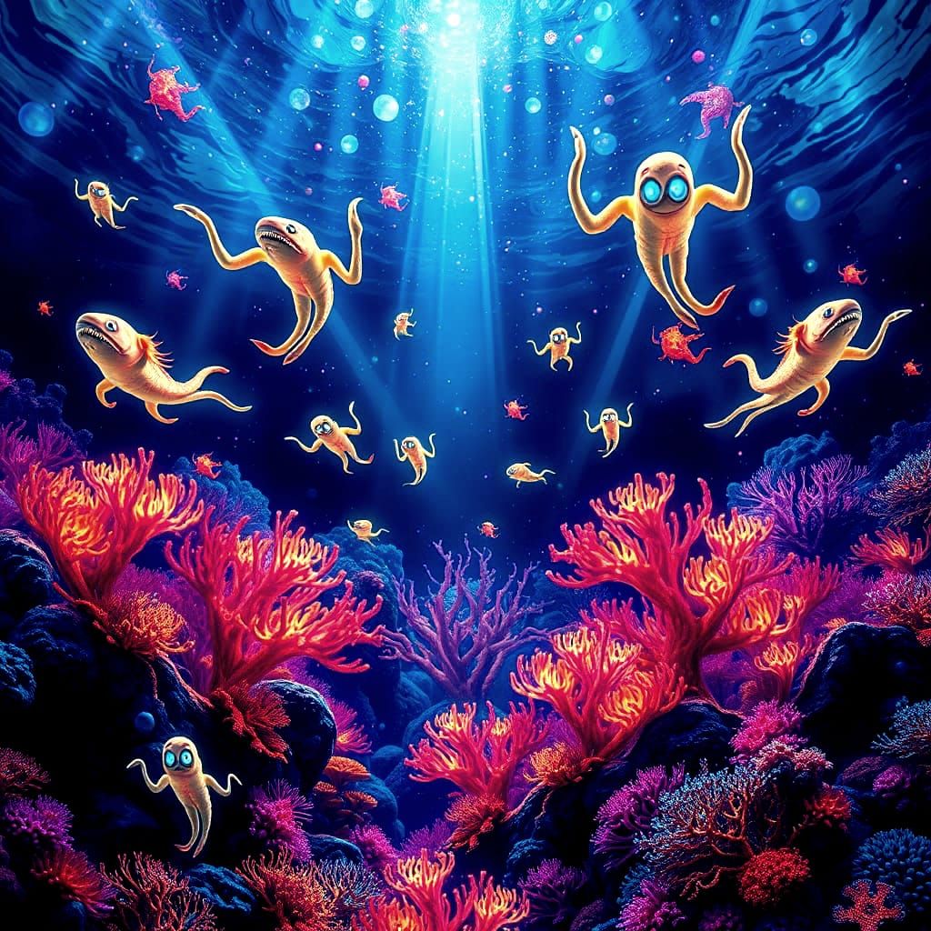 Bioluminescent Deep Sea Creatures in Psychedelic Style