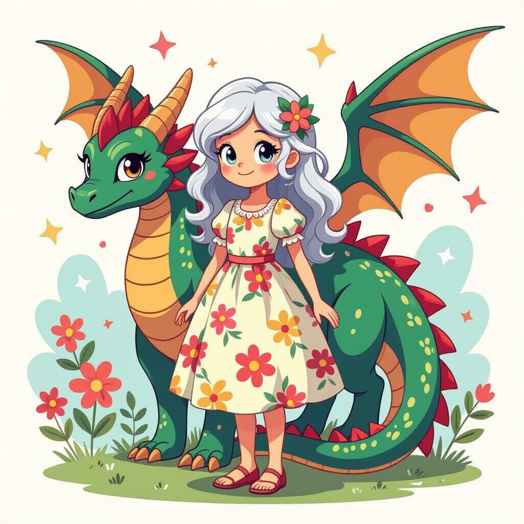 Cartoon Girl and Dragon in Playful 2D Style