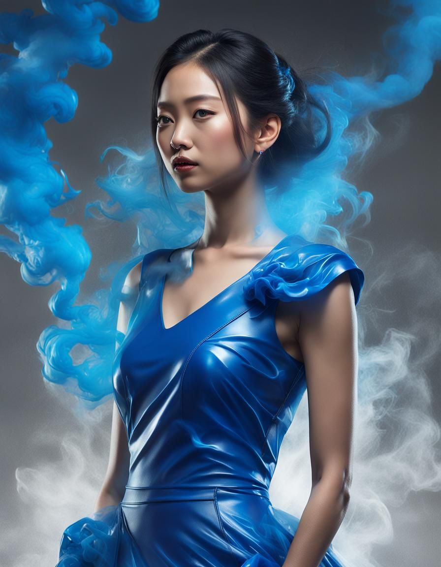 Oriental Woman in Blue Latex Dress, 8K Art