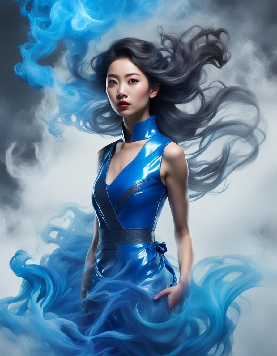 Oriental Woman in Blue Latex Dress: Digital Portrait