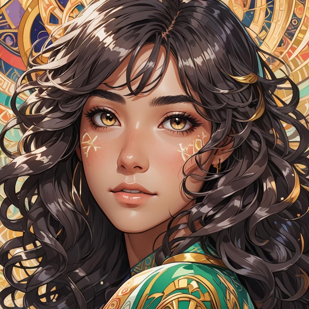 Anime Portrait of Young Woman with Curly Hair