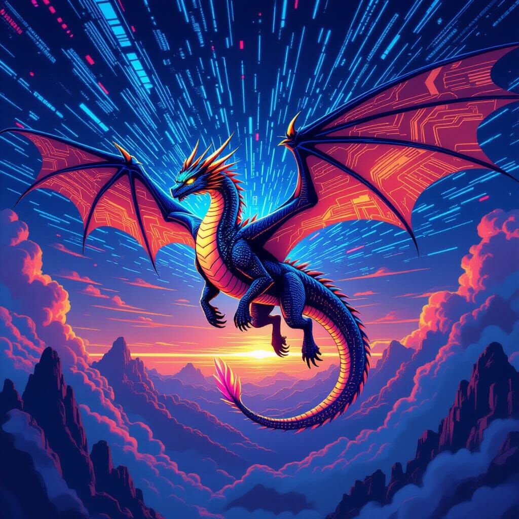 Digital Dragon Soaring Through Circuit Skies