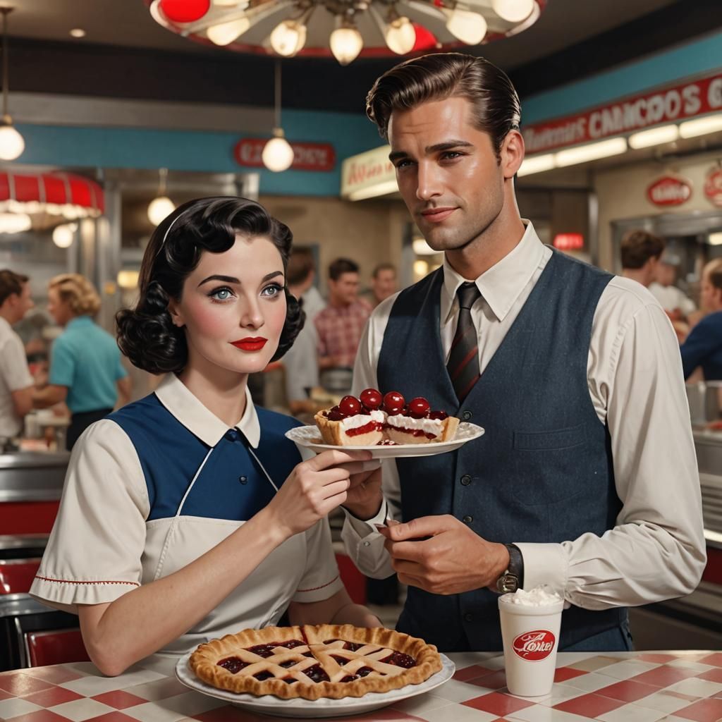 Hyperrealistic Girl Serving Pie in 1960s Diner