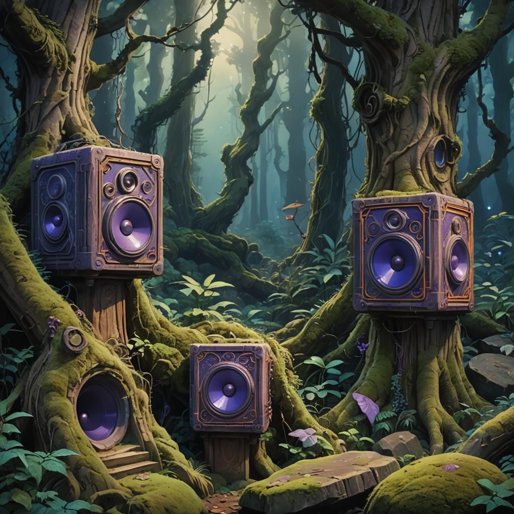 Eerie Speakers in Ancient Forest as Studio Ghibli Art