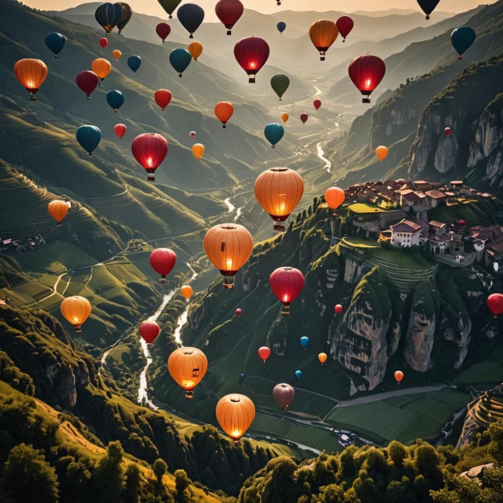 Lantern Balloons Over Valley: Hyperrealistic HDR Image