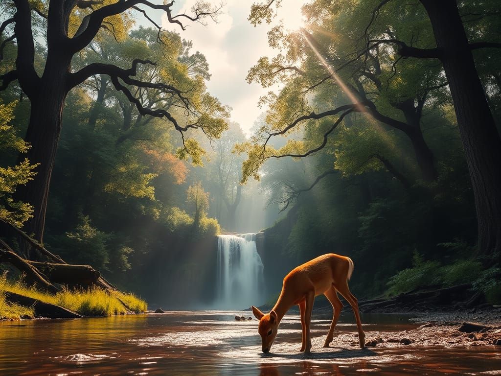 Surreal Forest Scene with Majestic Waterfall and Tranquil Wi...