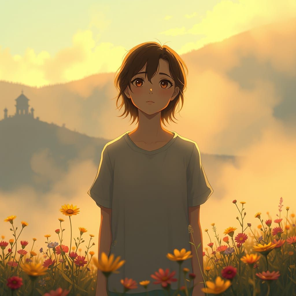 Nostalgic Figure in Misty Golden Landscape