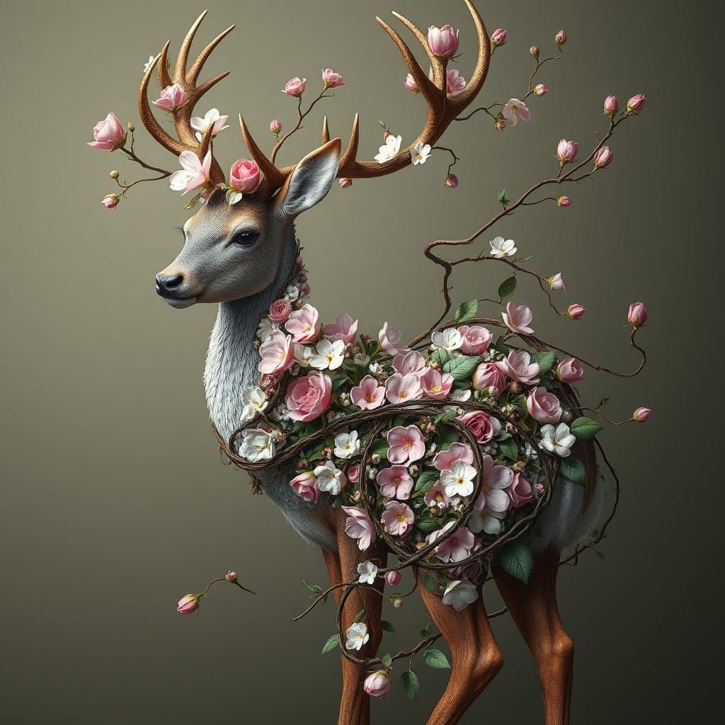 Floral Deer: Hyper-Realistic Digital Art in 8k