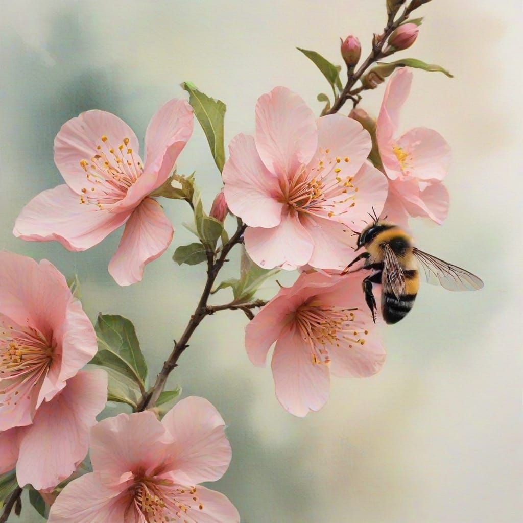 Quince Blossom with Bees Watercolor Painting