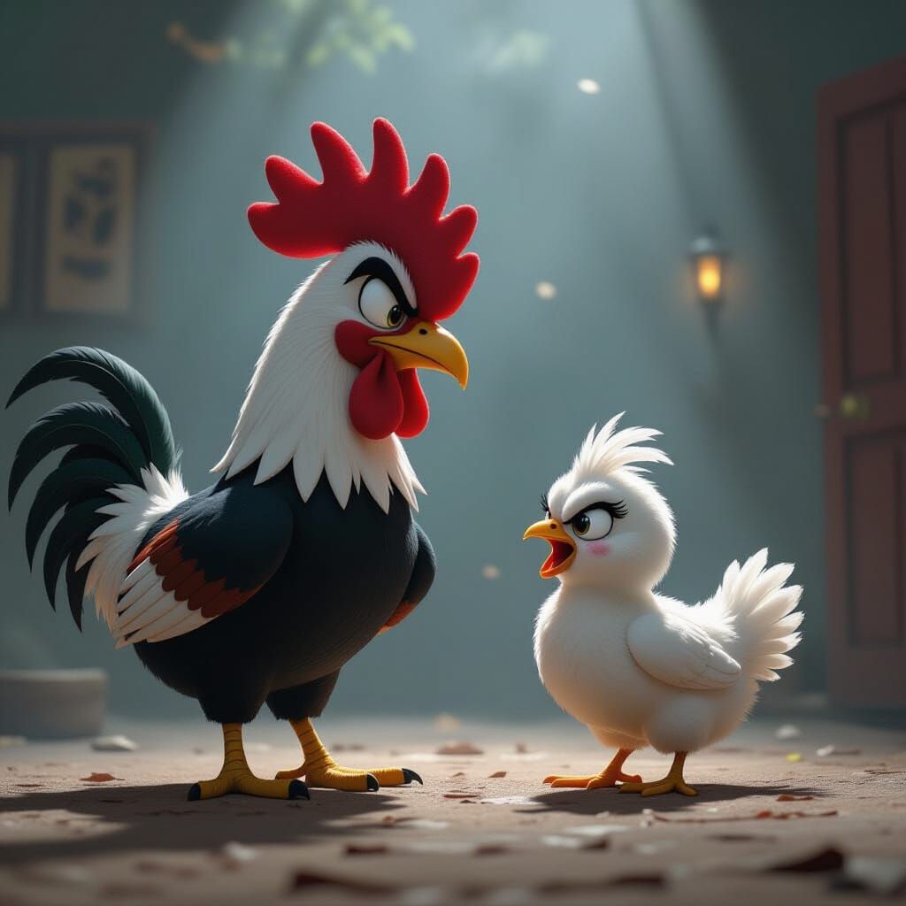 Foghorn Leghorn Confronts Furious Chick in Film Noir