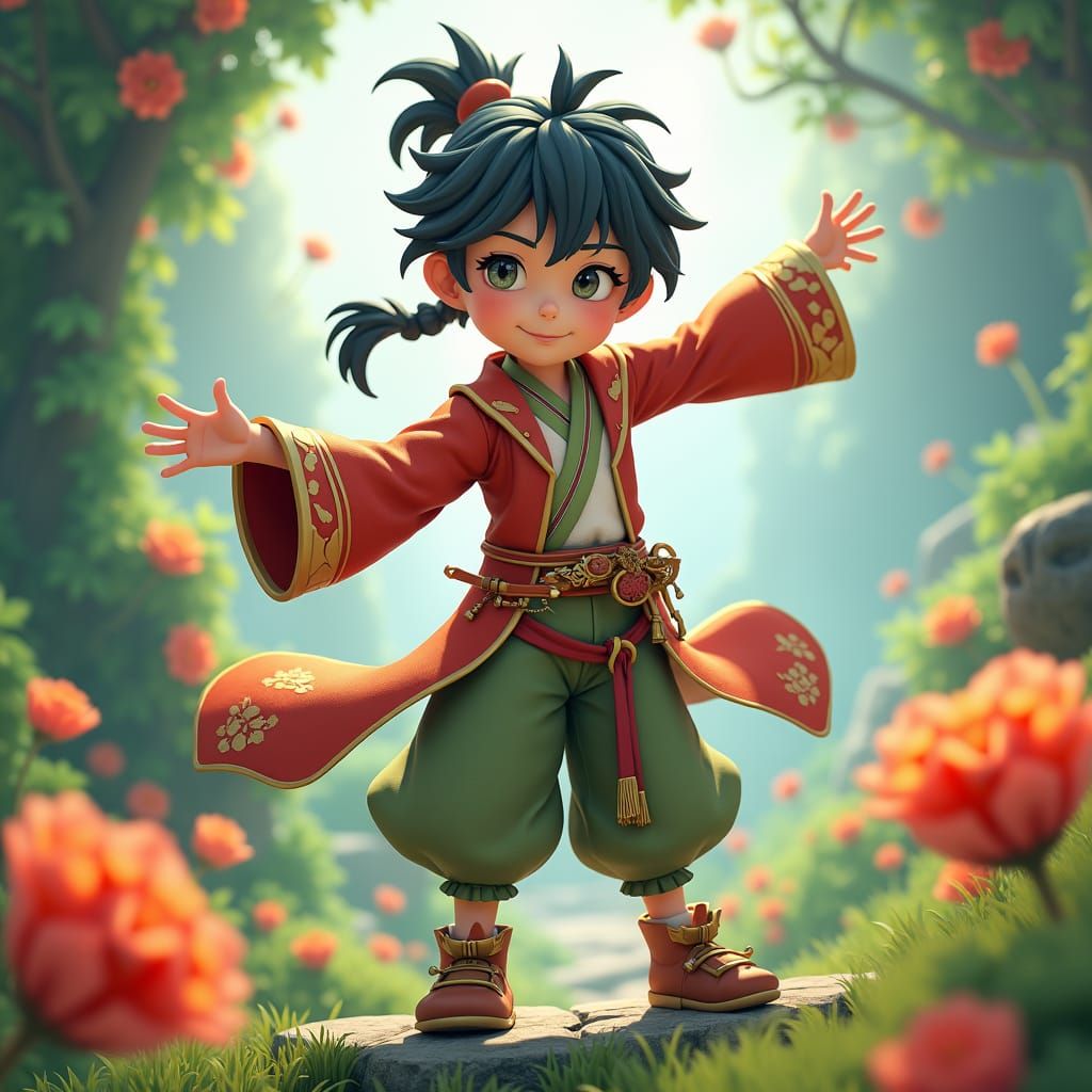 Heroic Adventurer in Lush Environment, 3D Anime Style