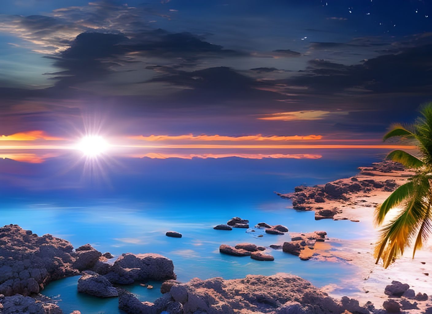 Sunrise Over Quiet Lagoon with Palm Trees