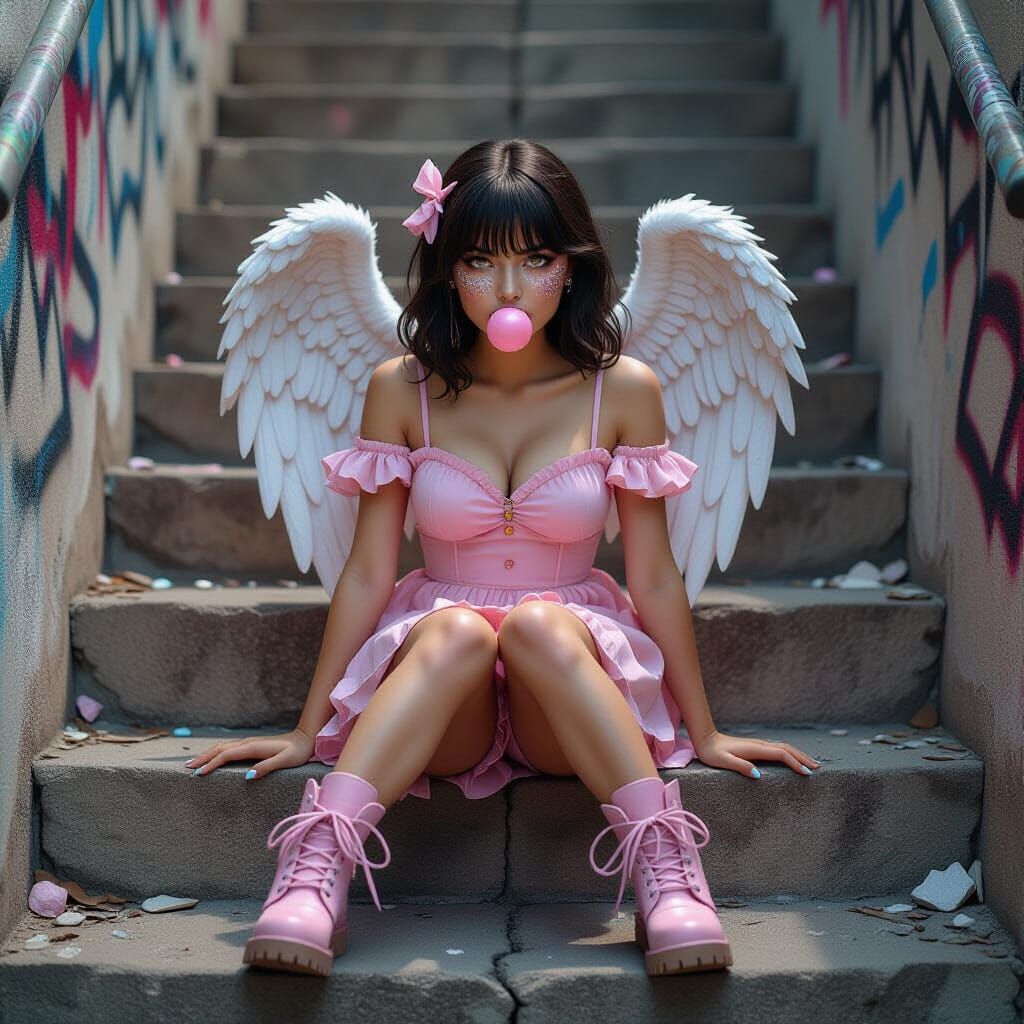 Edgy Soft Girl in Pink Dress, Digital Art