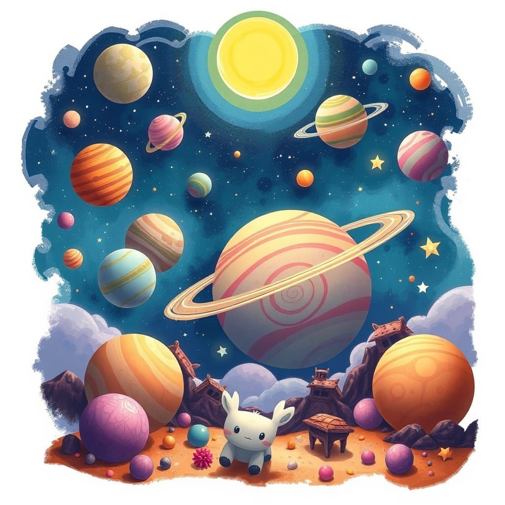 Whimsical Planets, Stars, and Animals in Dreamy Style