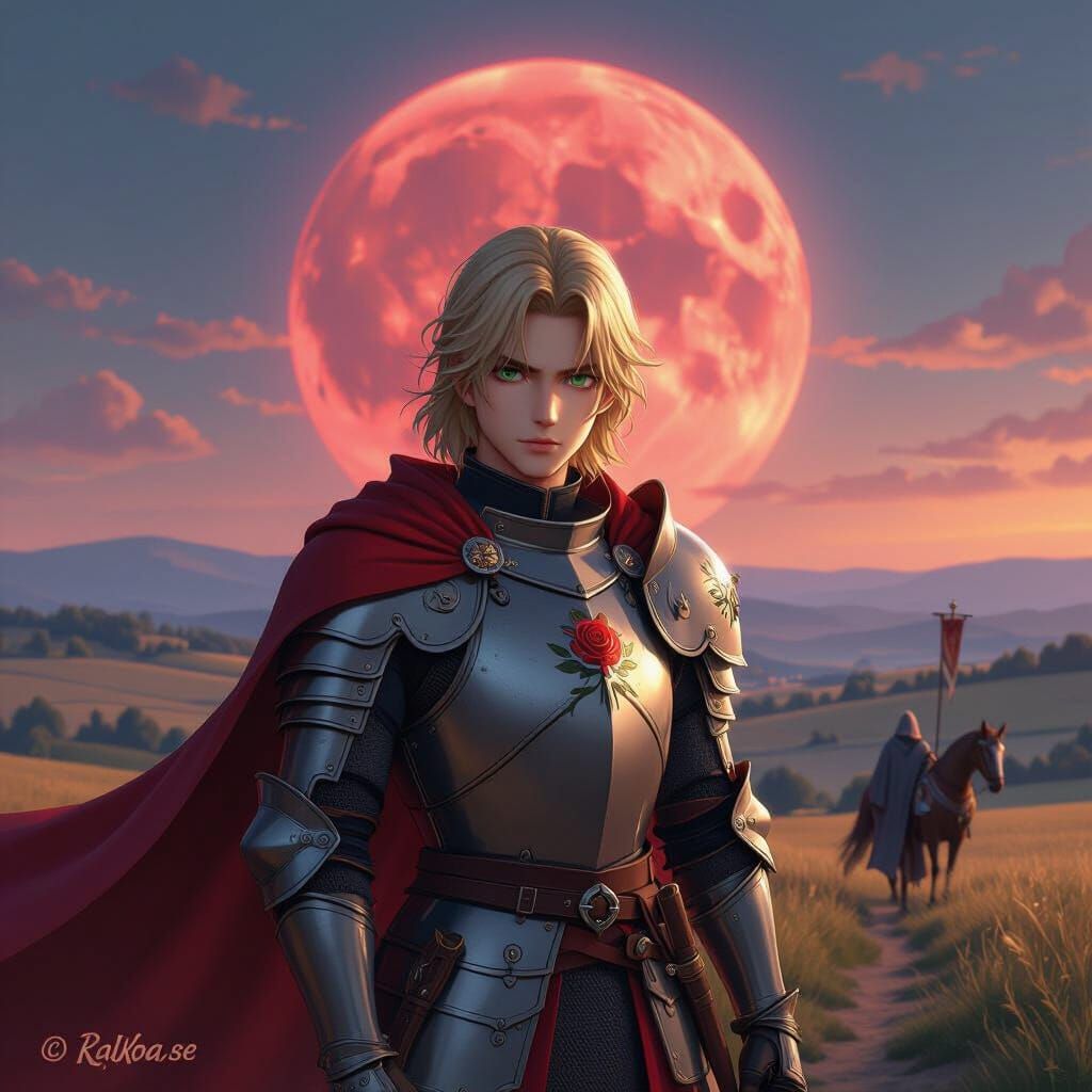 Hyper-Realistic Knight with Rose Emblem in Twilight Countrys...